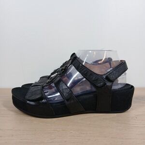 Abeo Gia Sandals Women 10 Black Leather Platform Wedge Strappy Comfort Hook Loop